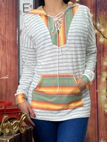 Southern Stitch Aztec Hoodie top with green & white stripes