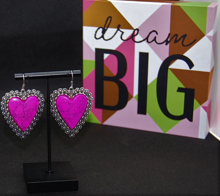 Pink Heart stone silver plated earrings