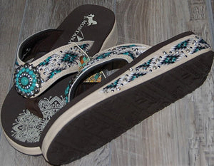 Montana West wedged White & Turquoise Bling Flip Flops