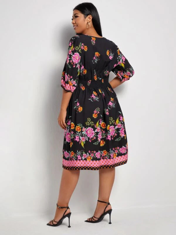 Shein - Floral Print Shirred Waist A-line Dress