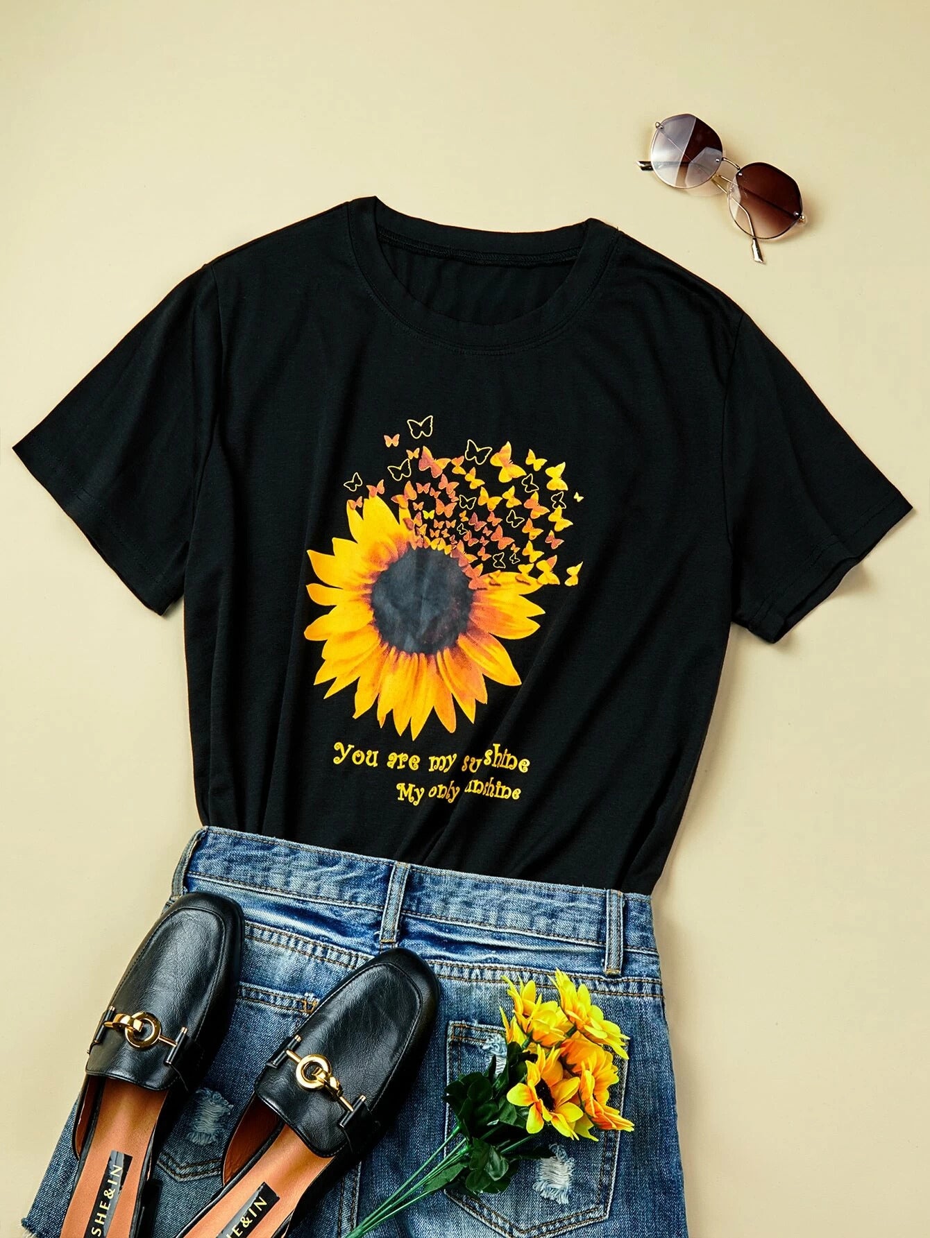 Shein - Short sleeve tshirt black sunshine